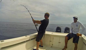 Robson Green fighting his first sailfish onboard Que Vela!