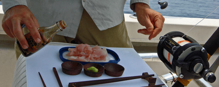 Let our guide Captain Tom Boice prepare a sushi lunch aboard the Que Vela!.